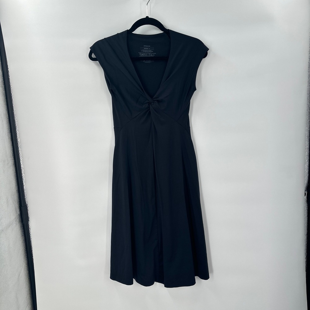 Patagonia Bandha Black Twist Front Midi‎ Dress Womens Small Travel Stretch